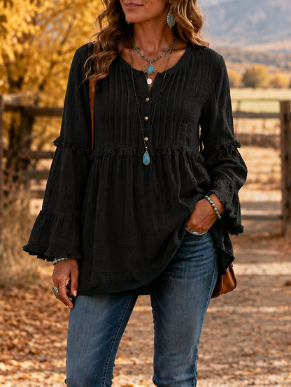 Women's Boho Ruffle V Neck Button Bell Sleeve Tunic Top