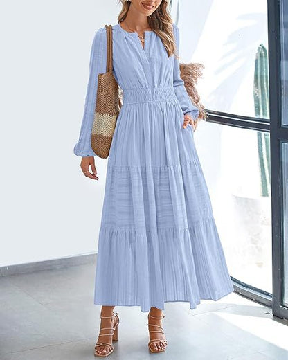 Women's V-Neck Long Sleeve Tiered Maxi Smocked Cotton Dress