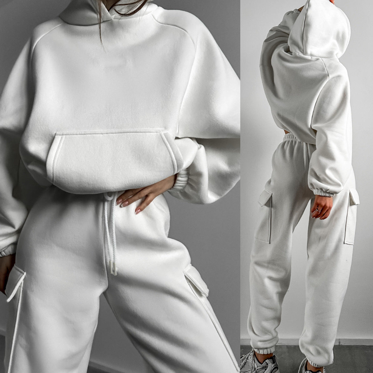 Women Oversized Fleece Hoodie Cargo Jogger Set