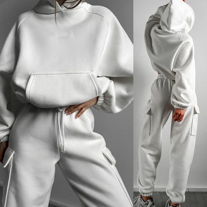 Women Oversized Fleece Hoodie Cargo Jogger Set