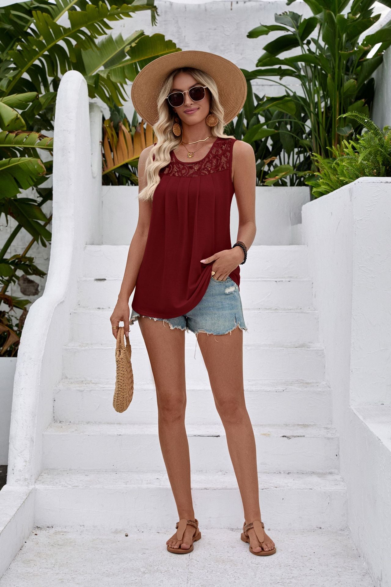 White Lace Yoke Sleeveless Pleated Loose Fit Tank Top