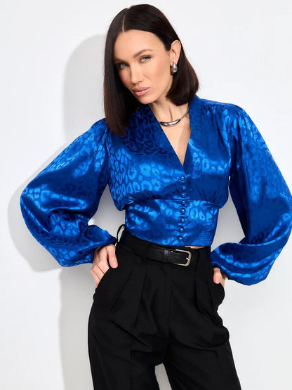 Women's Leopard Jacquard V-Neck Balloon Sleeve Blouse