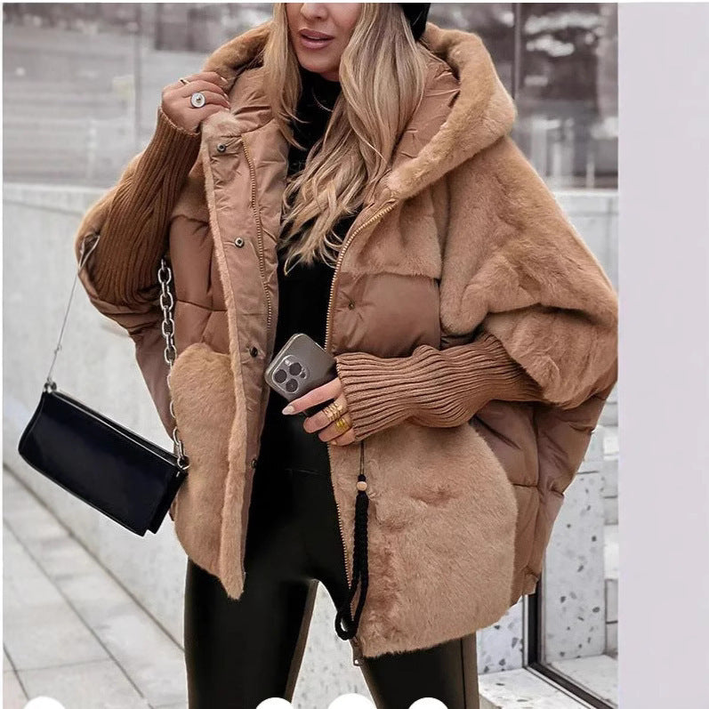 Women's Hooded Faux Fur Patchwork Puffer Jacket