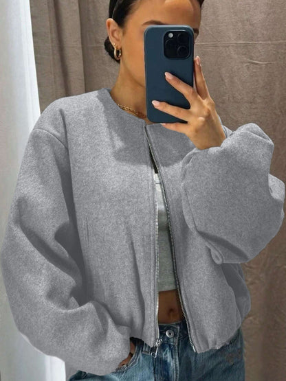 Women's Zip Up Bomber Jacket Lantern Sleeve Streetwear