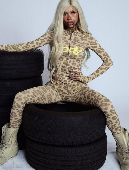 Women's Y2K Leopard Print Hoodie Leggings Two Piece Set
