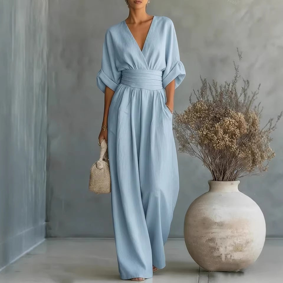 Elegant V-Neck Ruched Wide Leg Jumpsuit