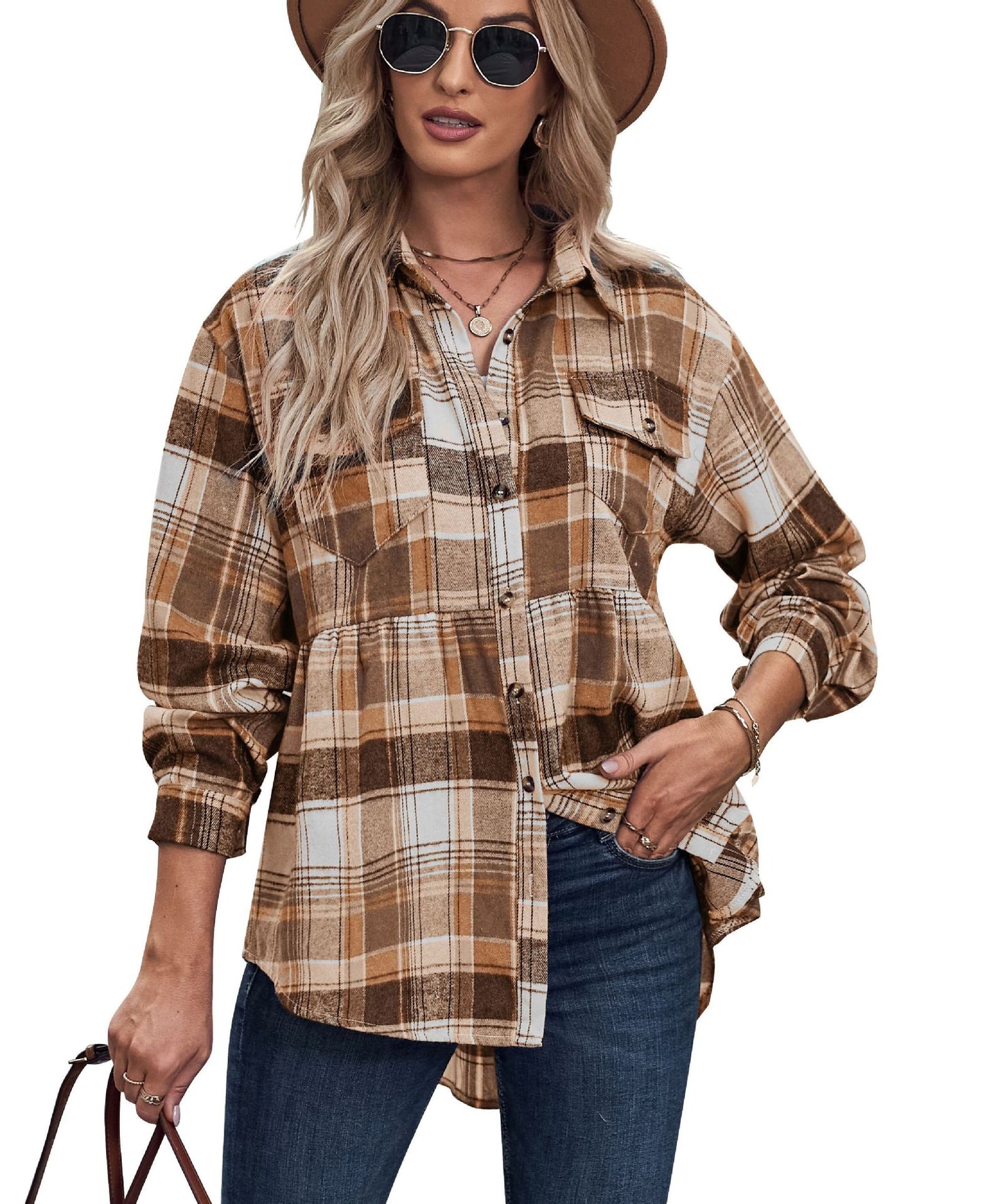 Plaid Lapel Long-Sleeve Casual Shirt with Pockets