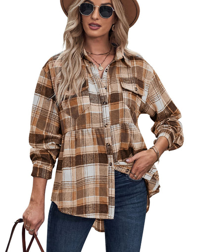 Plaid Lapel Long-Sleeve Casual Shirt with Pockets