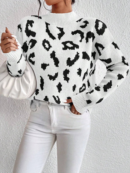 Women's Leopard Print Crew Neck Oversized Pullover Sweater