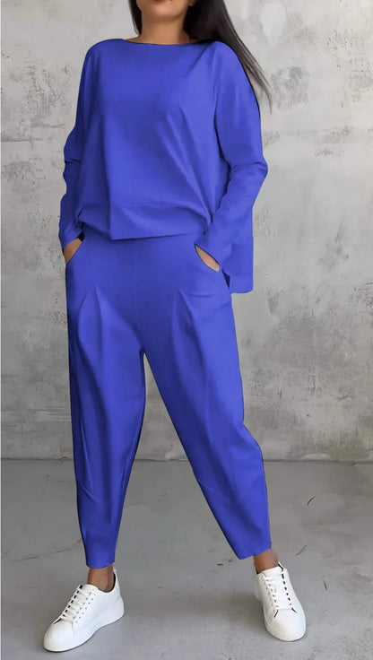 Womens Casual Two Piece Set Long Sleeve Top Pants Pockets