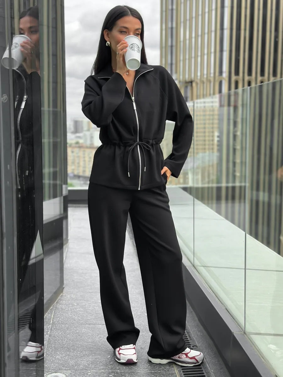 Women's Zip Up Drawstring Jacket Wide Leg Pants Set