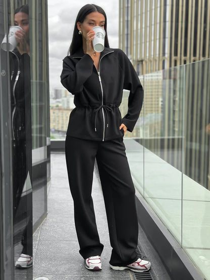 Women's Zip Up Drawstring Jacket Wide Leg Pants Set