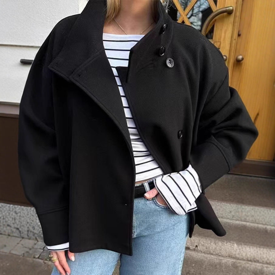 Women's Oversized Button Front Wool Blend Stand Collar Coat