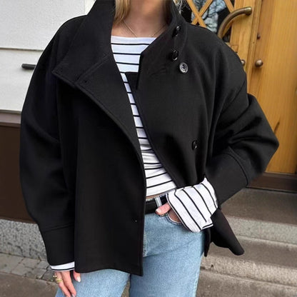 Women's Oversized Button Front Wool Blend Stand Collar Coat