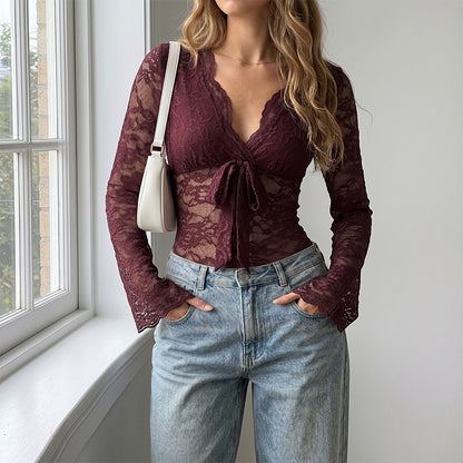 Floral Lace Tie Front Bell Sleeve Sheer Bodysuit
