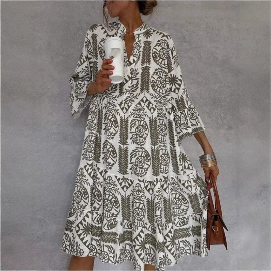 Boho Printed V-Neck Shirt Dress 3/4 Sleeve Casual Flowy
