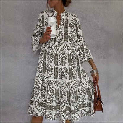 Boho Printed V-Neck Shirt Dress 3/4 Sleeve Casual Flowy