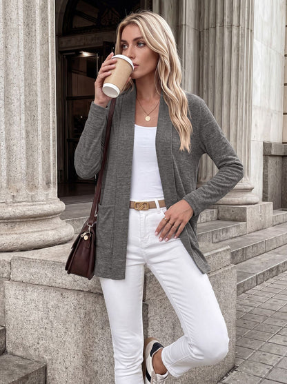 Pocket Open Front Cardigan Long Sleeve Knit Top