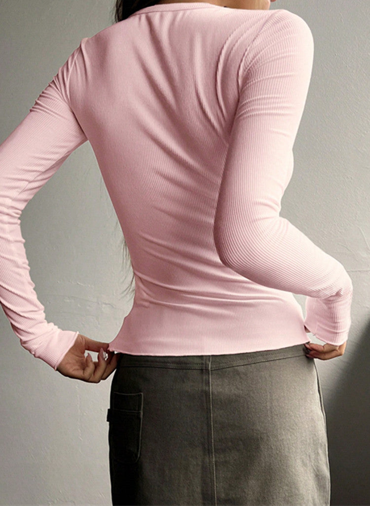 Women's Ribbed Henley Long Sleeve Fitted Top