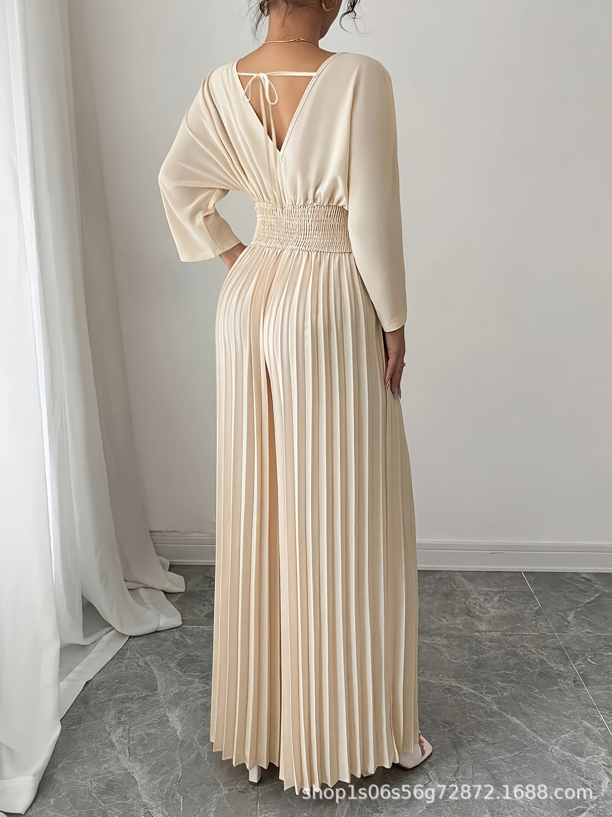 V-Neck Tie Back Pleated Wide Leg Jumpsuit