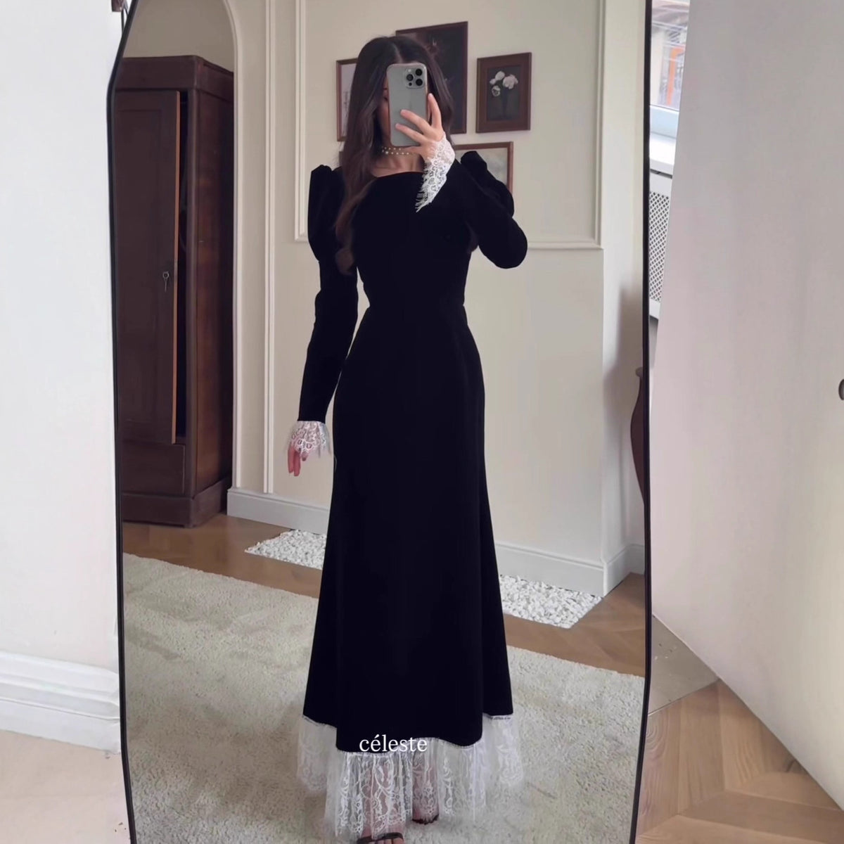 Velvet Maxi Dress Square Neck Lace Trim Long Sleeve