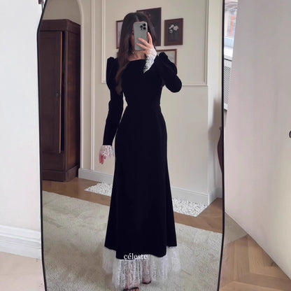 Velvet Maxi Dress Square Neck Lace Trim Long Sleeve