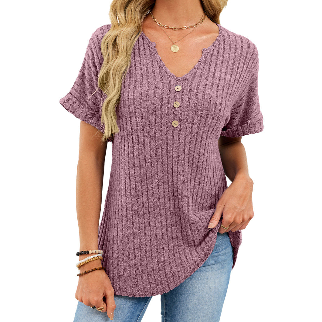 Ribbed V-Neck Button Top – Loose Fit Summer Casual Tee
