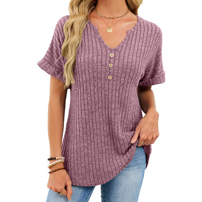 Ribbed V-Neck Button Top – Loose Fit Summer Casual Tee