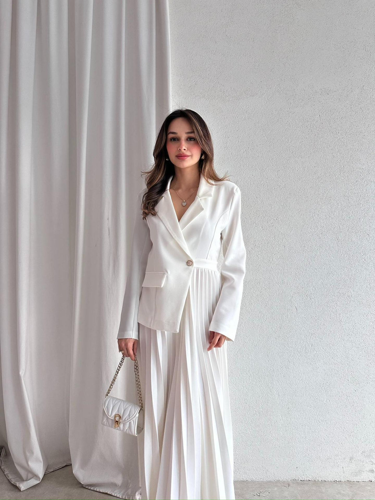 Women's 2 Piece Blazer Pleated Maxi Skirt Set Long Sleeve