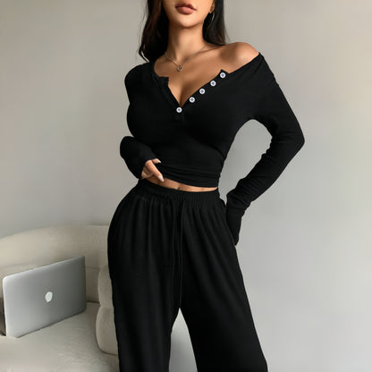 Women's Two Piece Lounge Set Button Top Wide Leg Pants