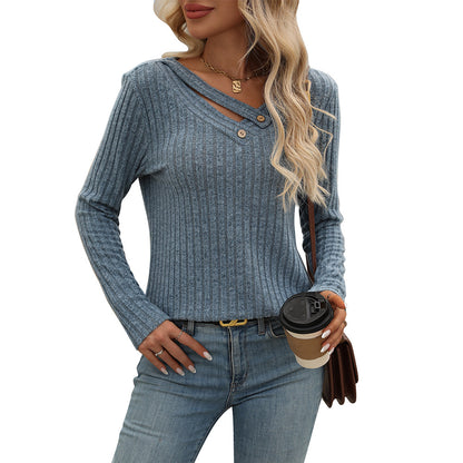 Ribbed V Neck Button Detail Long Sleeve Knit Top