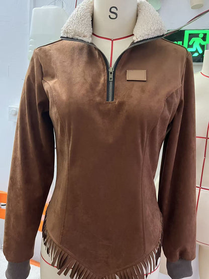 Women's Faux Suede Fringe Hem Quarter Zip Sherpa Pullover