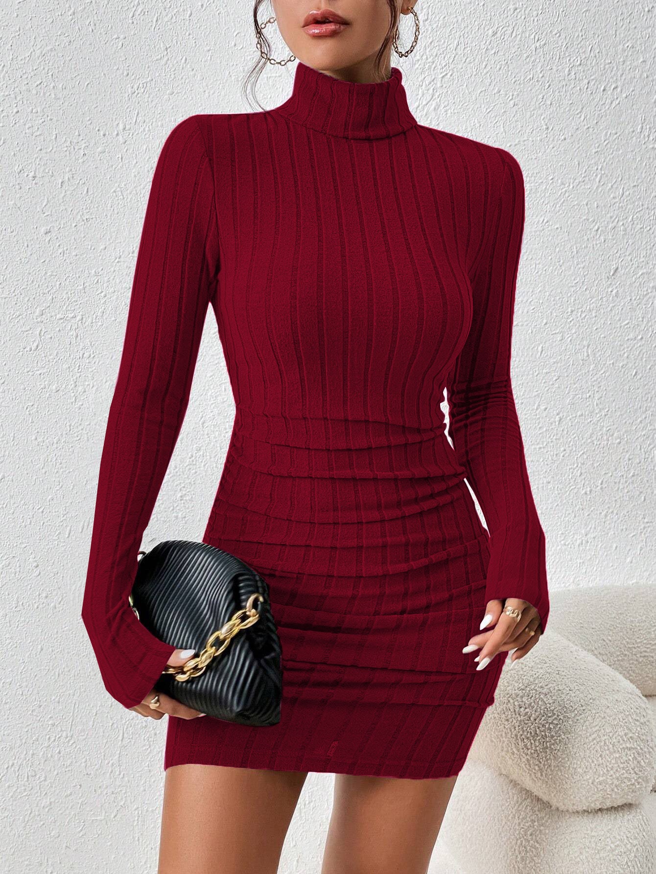 Ribbed Turtleneck Long Sleeve Bodycon Mini Dress