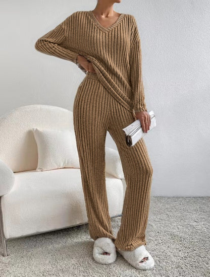 Women's 2 Piece Ribbed Knit V Neck Wide Leg Pants Set