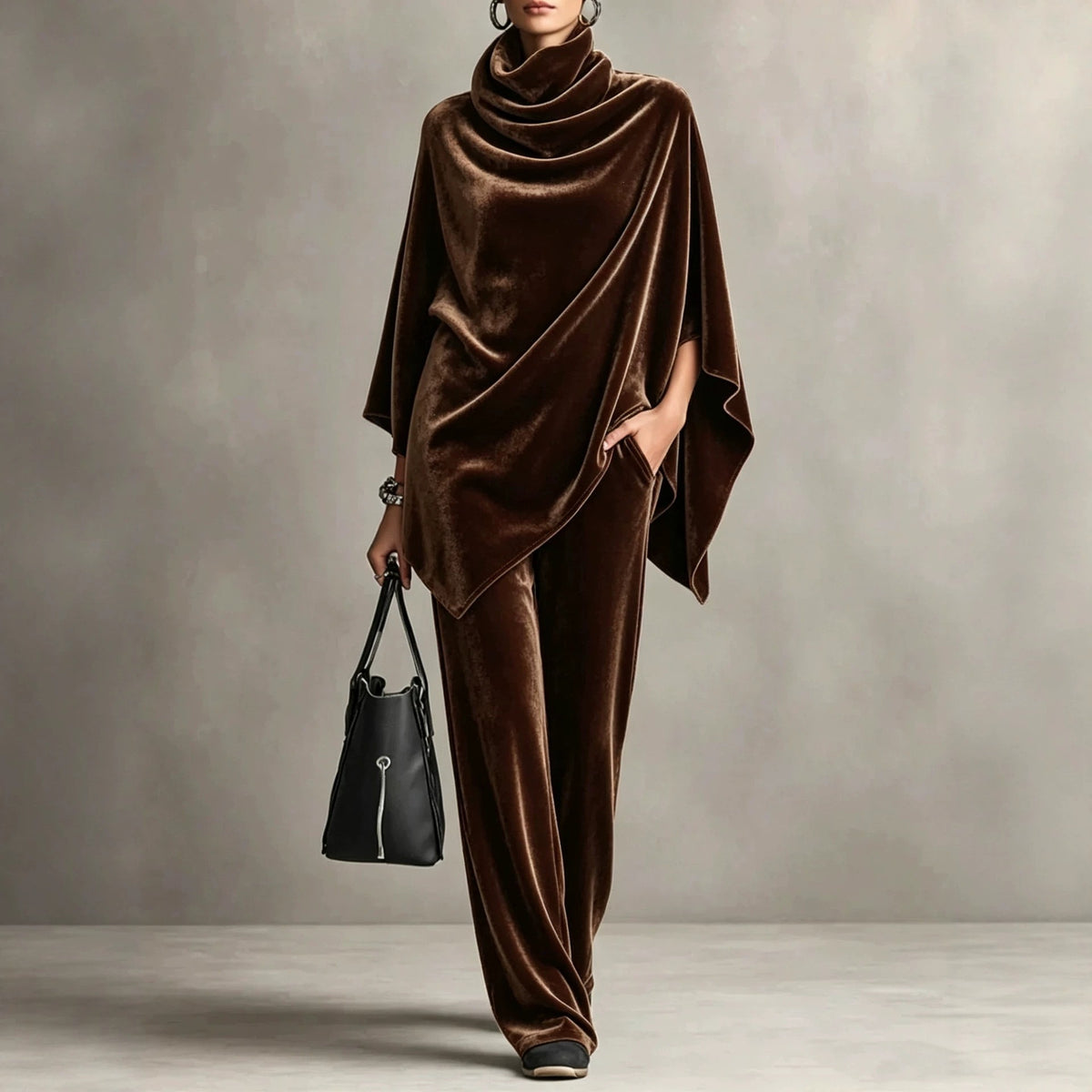 Women's Velvet Cowl Neck Poncho Wide Leg Pants Set