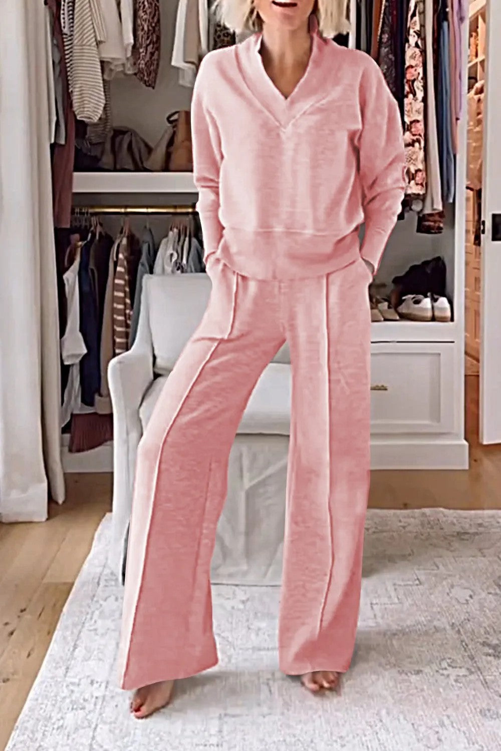 Women Lounge Set V Neck Wide Leg Pants Two Piece