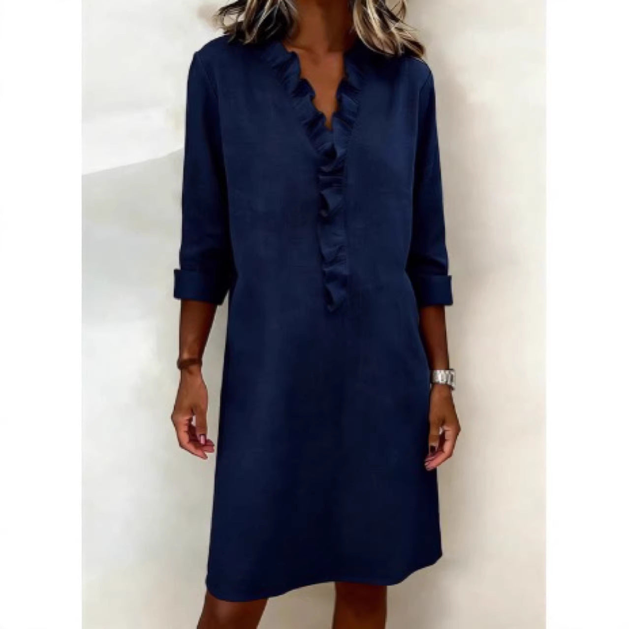 Women's Ruffle V-Neck Linen Blend Long Sleeve Tunic Dress
