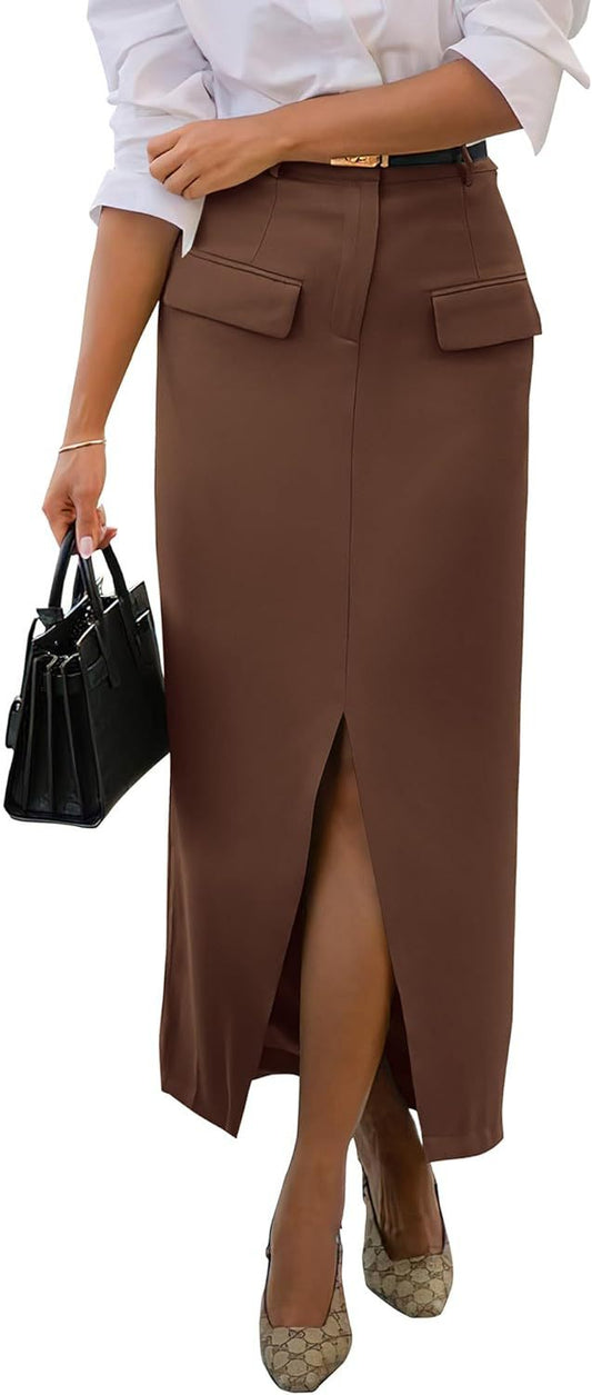 Elegant High Waist Midi Skirt with Front Slit