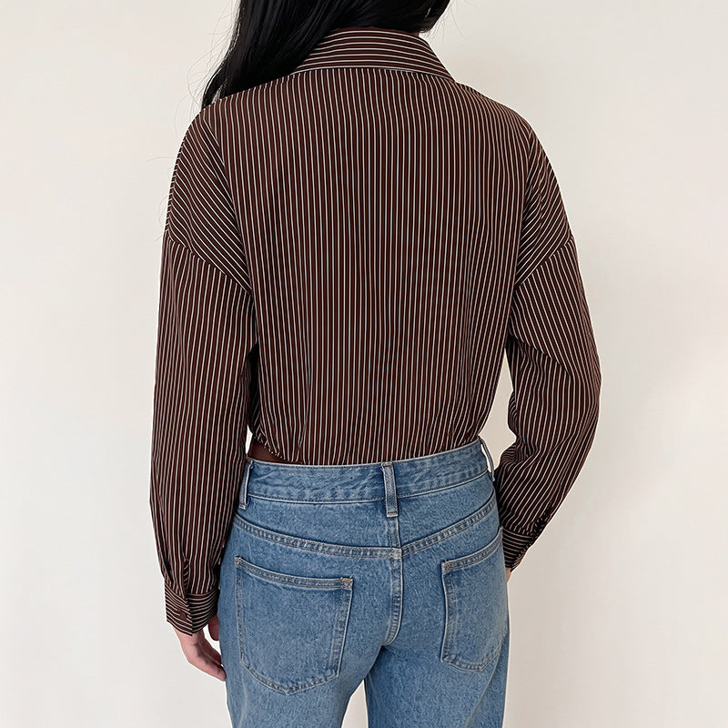 Striped Shirt Jumpsuit Button Front Cropped Pants
