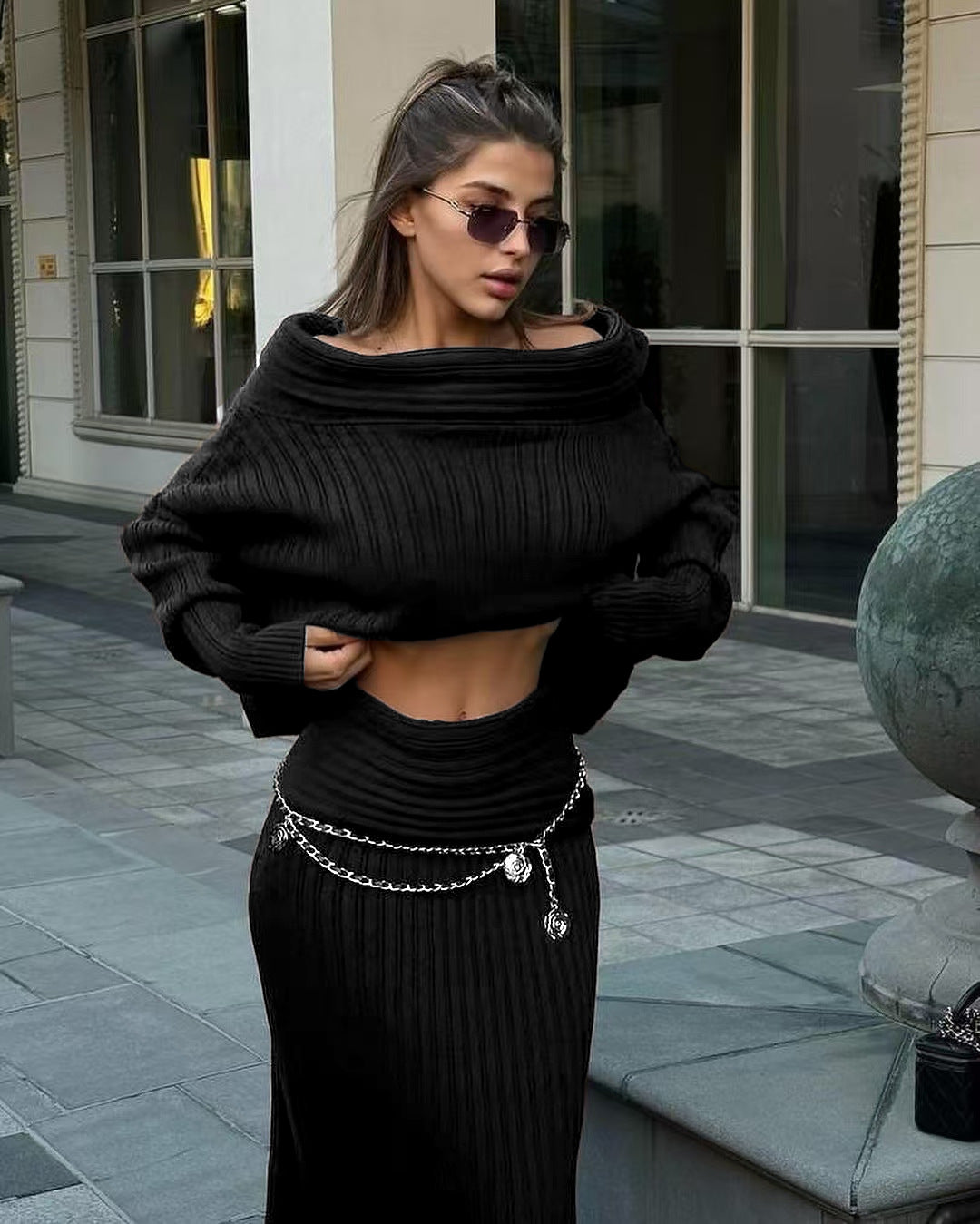 Off Shoulder Knit Sweater & Maxi Skirt Two Piece Set