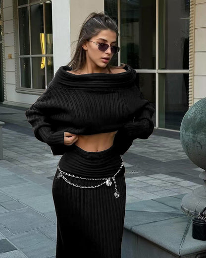 Off Shoulder Knit Sweater & Maxi Skirt Two Piece Set