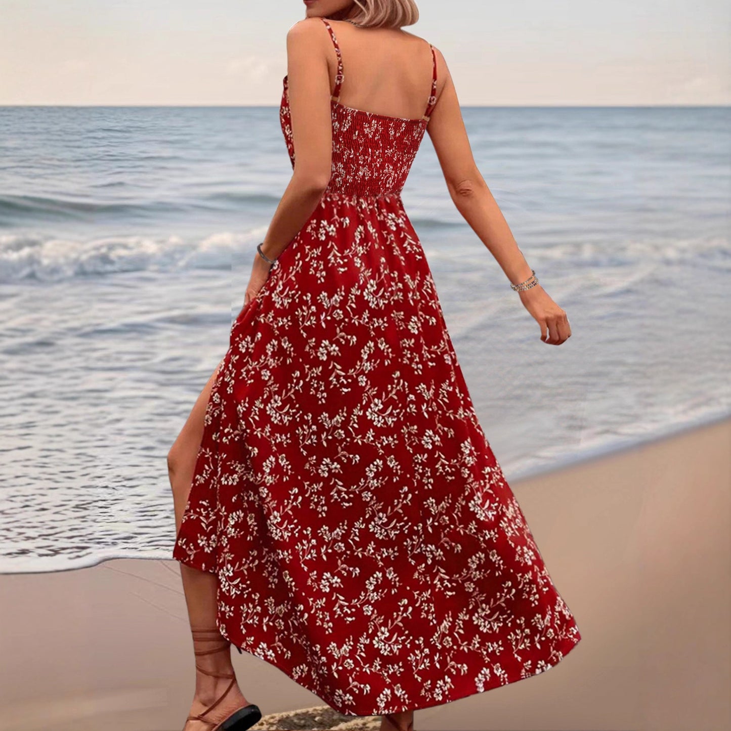 Floral Split V-Neck Spaghetti Strap Maxi Dress for Summer
