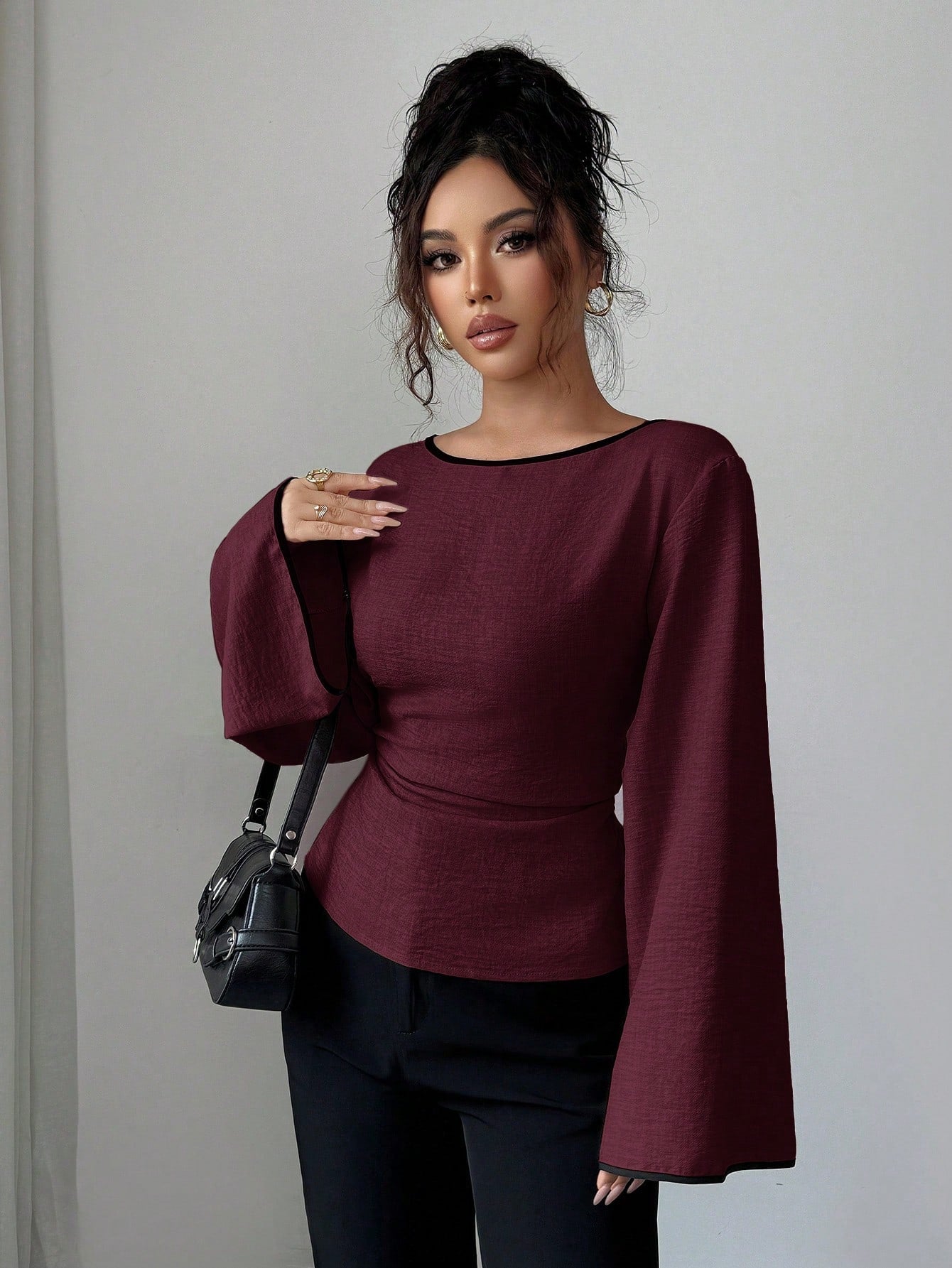 Women's Elegant Boat Neck Bell Sleeve Cinched Waist Blouse