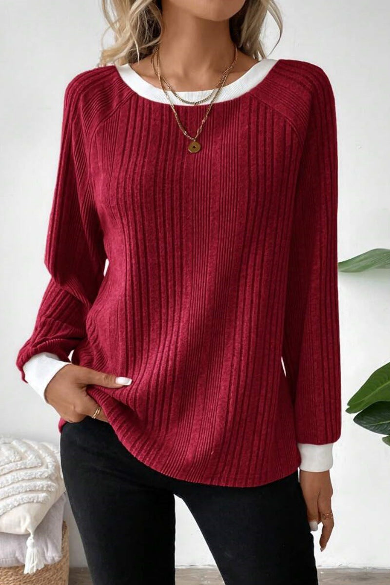 Women's Ribbed Crew Neck Long Sleeve Pullover Sweater