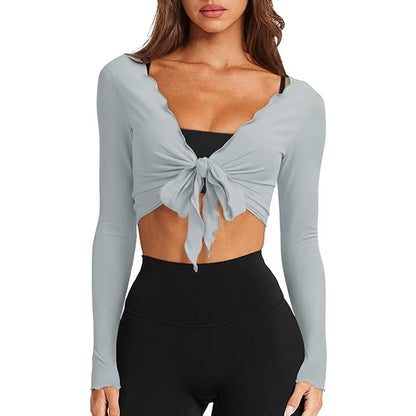 Women's V Neck Wrap Crop Top Long Sleeve Lettuce Trim Knit
