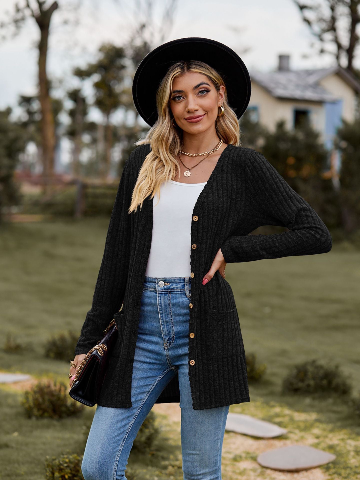 Ribbed Knit Cardigan Long Sleeve Button Pocket Sweater