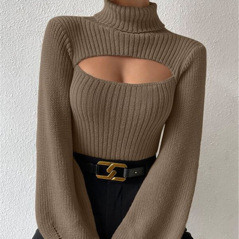 Cutout Turtleneck Ribbed Sweater Long Sleeve Top