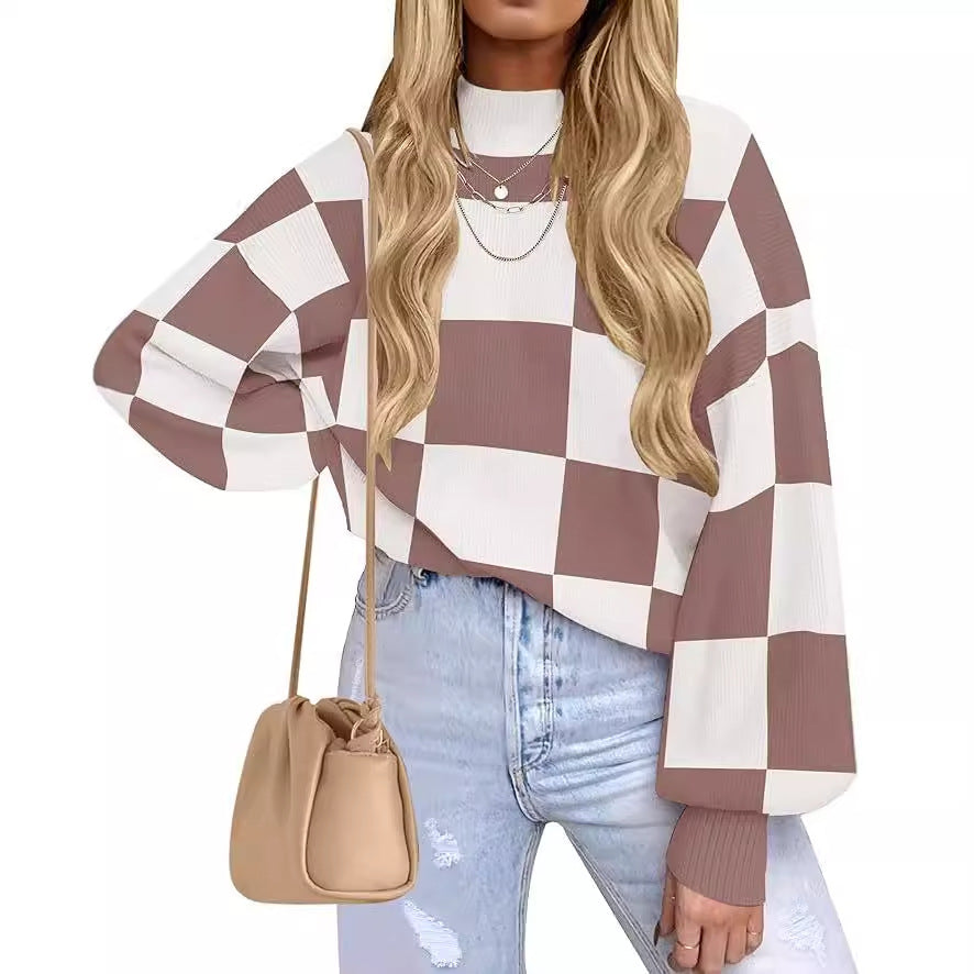 Women's Checkered Mock Neck Balloon Sleeve Sweater