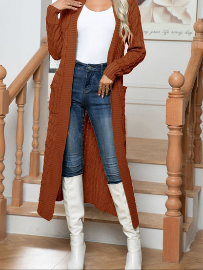Women's Long Cable Knit Cardigan Open Front Pockets