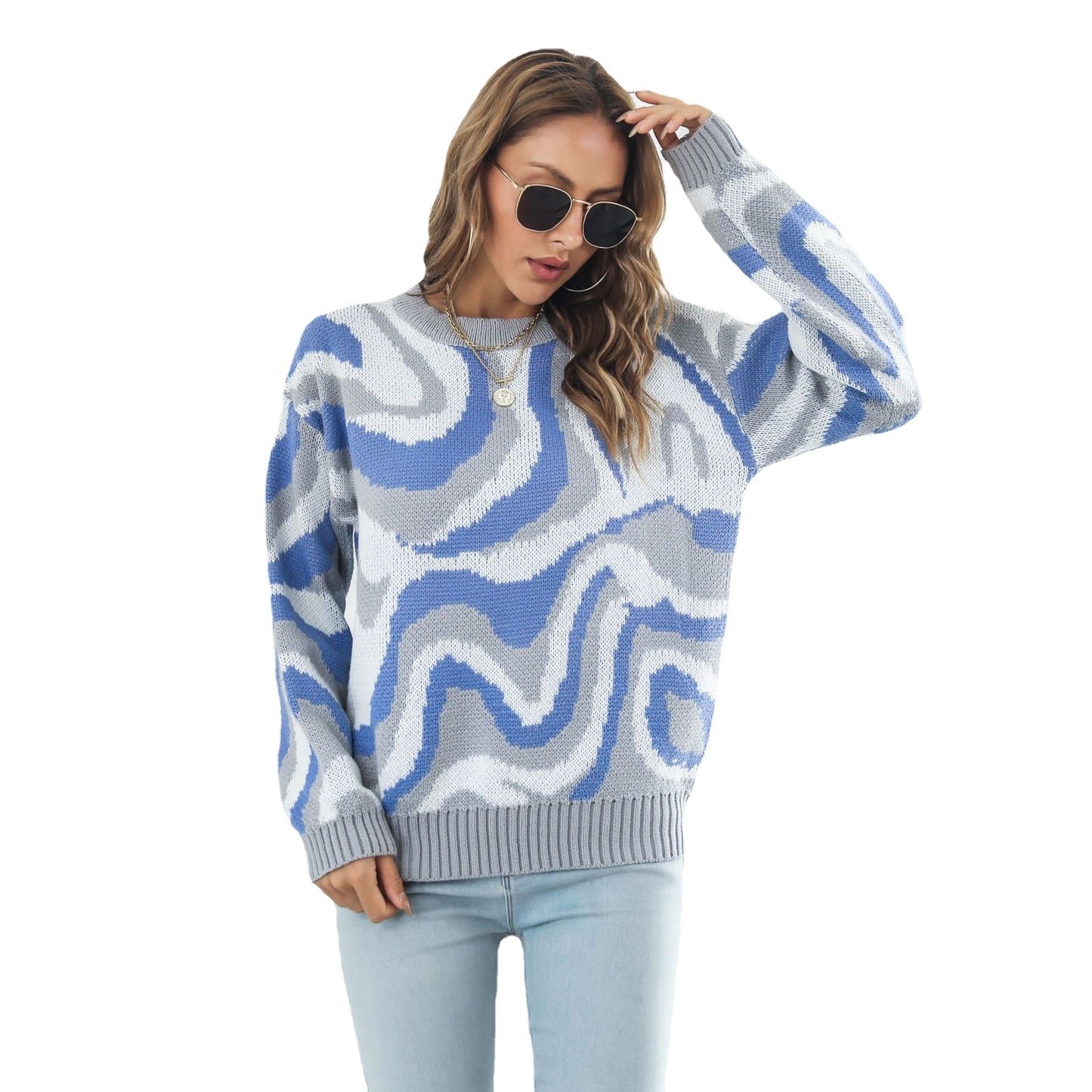 Women's Oversized Abstract Wave Crew Neck Sweater